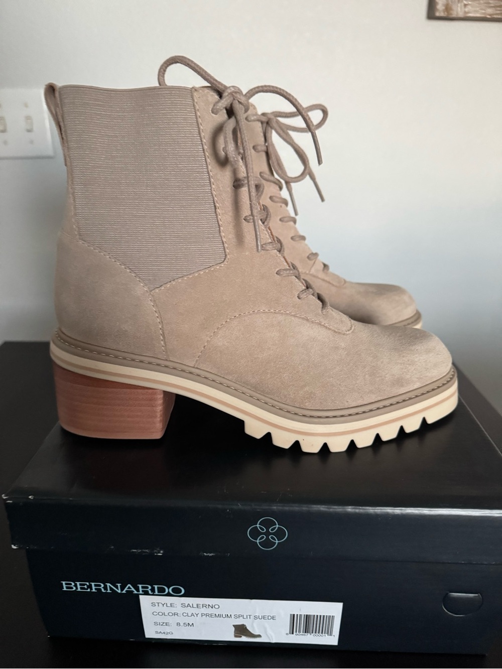 New Bernardo Clay Suede Lace-Up Lug Ankle Boots - Beige Taupe